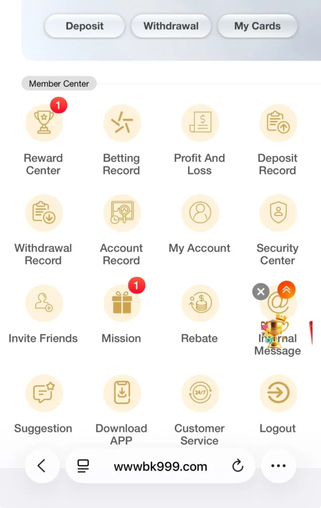 Deposit and withdraw section on BK999